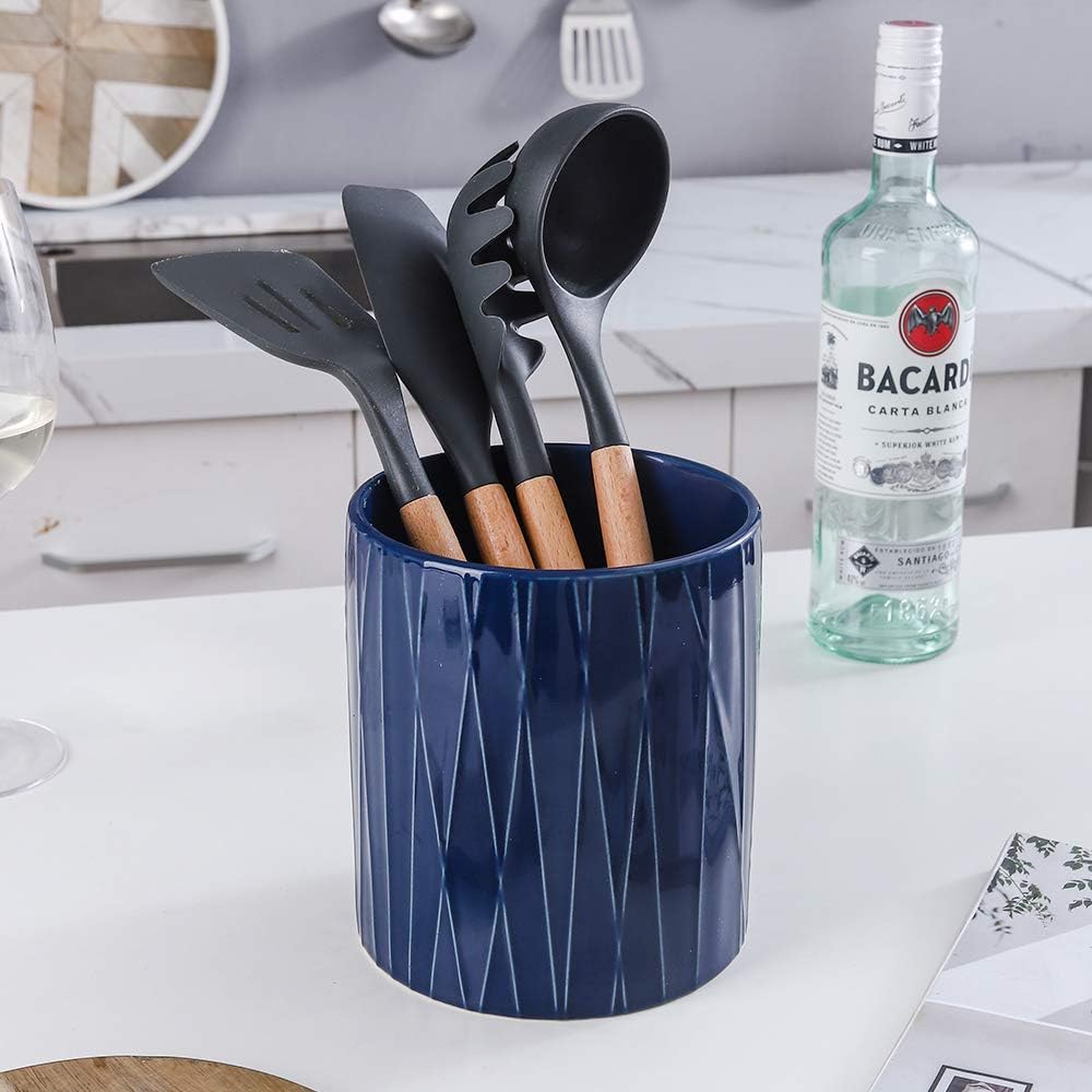 KOOV Kitchen Utensil Holder, Large Ceramic Utensil Crock, Deep and Stable, Containers for Household or Kitchen Use (Aegean)