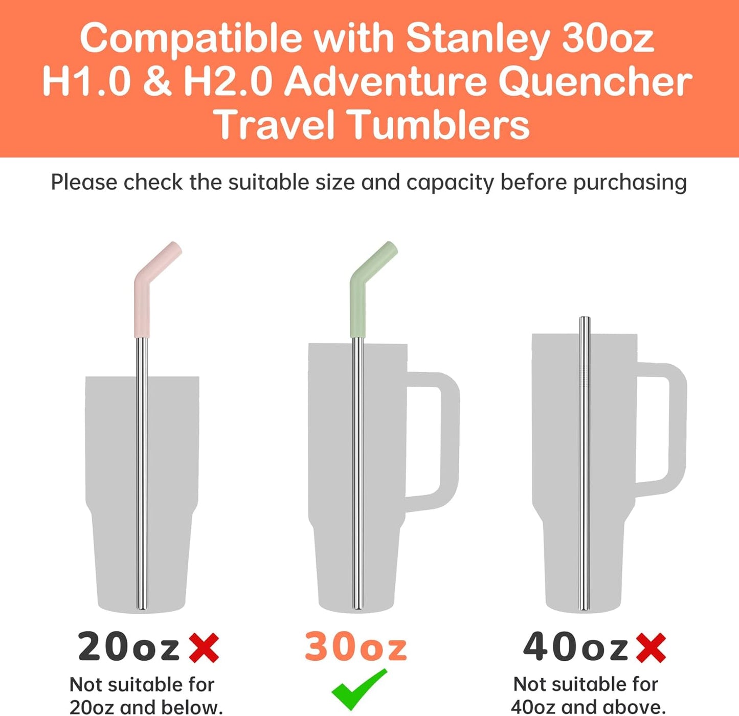 Tomorotec 6-Pack Morandi Colors Silicone Tip Stainless Steel Straws for 30oz Stanley Tumblers with 2 Cleaning Brushes, BPA-Free 10" Long Compatible with Adventure Quencher, Enhances Drink Enjoyment