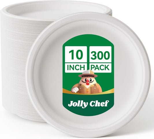 JOLLY CHEF Compostable Heavy Duty Plates 𝟭𝟬 𝗜𝗻𝗰𝗵 [𝟯𝟬𝟬 𝗣𝗮𝗰𝗸] Eco-Friendly Disposable White Paper Plates Made of Bagasse Biodegradable Bulk for Party Dinner Sugarcane Fibers Round 300 Count