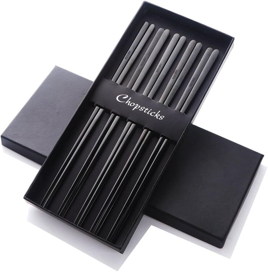 Buyer Star 5 Pairs Black Flat Reusable Metal Chopsticks - Stainless Steel Chinese Set With Case