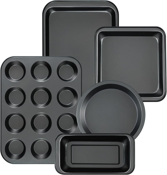 Kitchen 5-Piece Nonstick Bakeware Set - Round/Square Cake Pans, Muffin Pan, Loaf Pan, Roast Pan & Baking Sheets