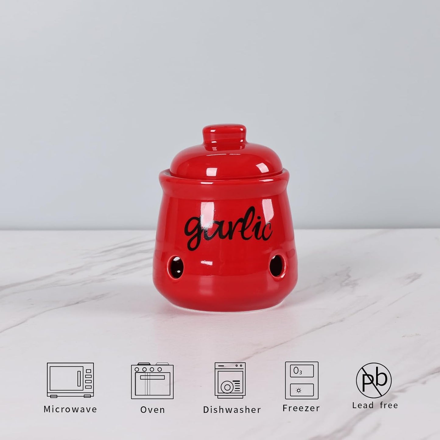 HAOTOP Garlic Keeper with Lid, Ceramic Mini Garlic Saver Container for Countertop, Farmhouse Kitchen Decor (Red)