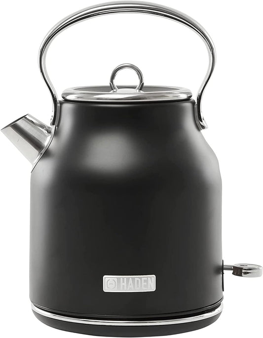 HADEN Heritage 1.7 Liter Stainless Steel Electric Kettle, Hot Water Kettle with 360-Degree Base and Auto Shutoff, Black & Chrome