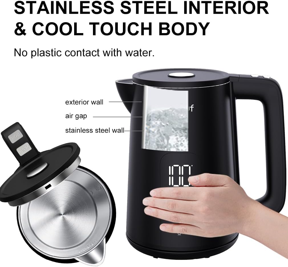 Electric Water Kettle,1.7L Double Wall Electric Tea Kettle with Temperature Control, Stainless Steel Water Boiler Heater, Digital Screen Teapot, Cordless, BPA-Free, Black