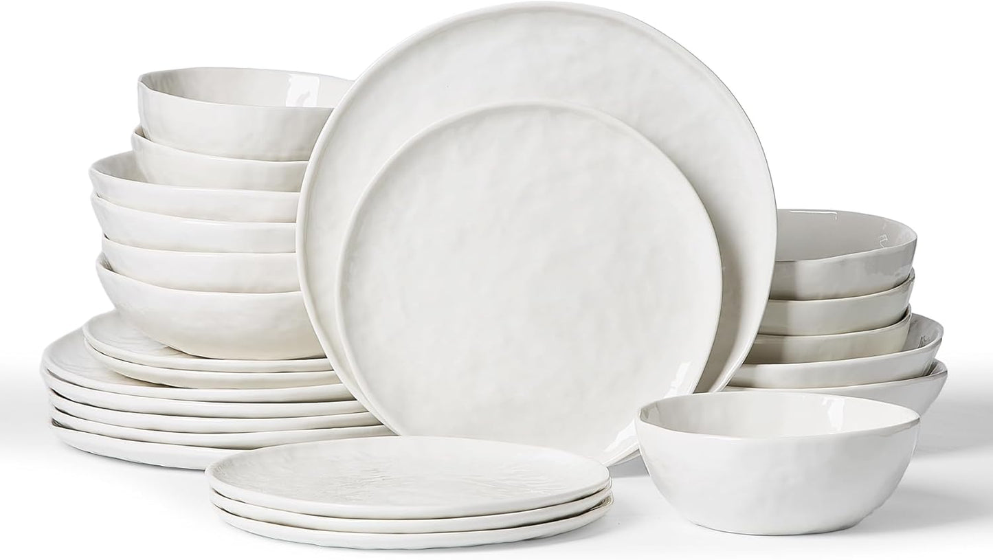 Famiware Porcelain kitchen plates and bowls set, Modern dishes set for 6, Handmade Wave Edge Dinnerware Sets, Microwave and Dishwasher Safe Tableware, Polar White (24pc)