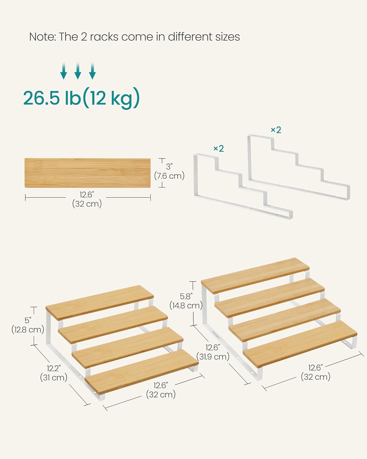 SONGMICS Display Risers, Set of 2 Engineered Wood Perfume Organizer Stand, 4-Tier Cupcake Stand Holder, Spice Rack, Shelf Risers for Figures, Dessert Shelves, Natural Beige and Cloud White UKCS216N02