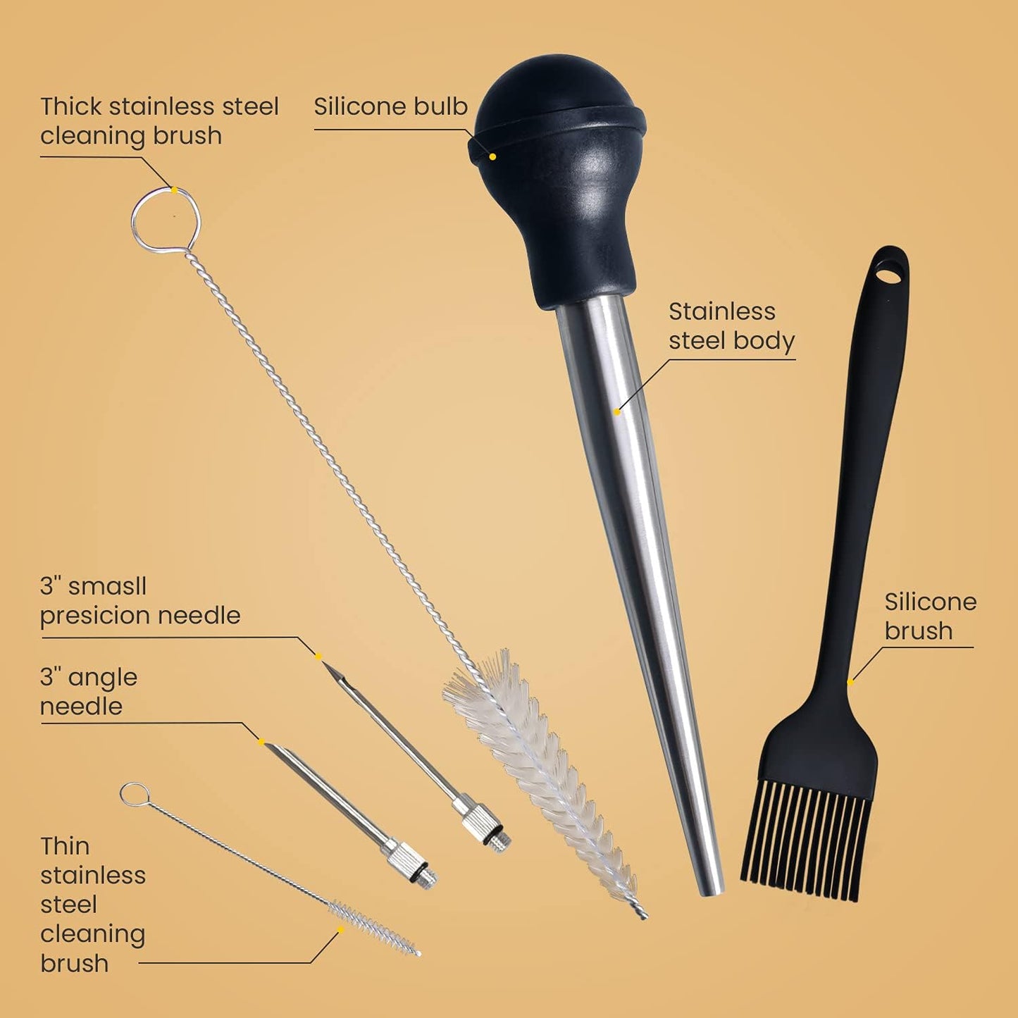 Turkey Baster, Stainless Steel Baster for Cooking with Marinade Injectors Syringe, Basting Brush, Thick Cleaning Brush & Thin Cleaning Brush