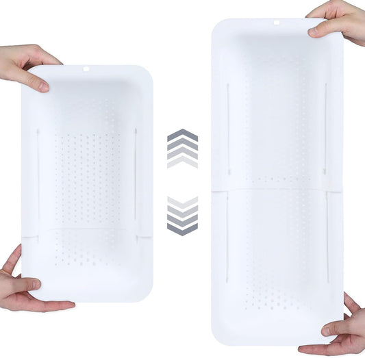 BLUE GINKGO Over the Sink Colander Strainer Basket - Wash Vegetables and Fruits, Drain Cooked Pasta and Dry Dishes - Extendable - New Home Kitchen Essentials (7.9 W x 14.5-19.5 L x 2.75 H) - White