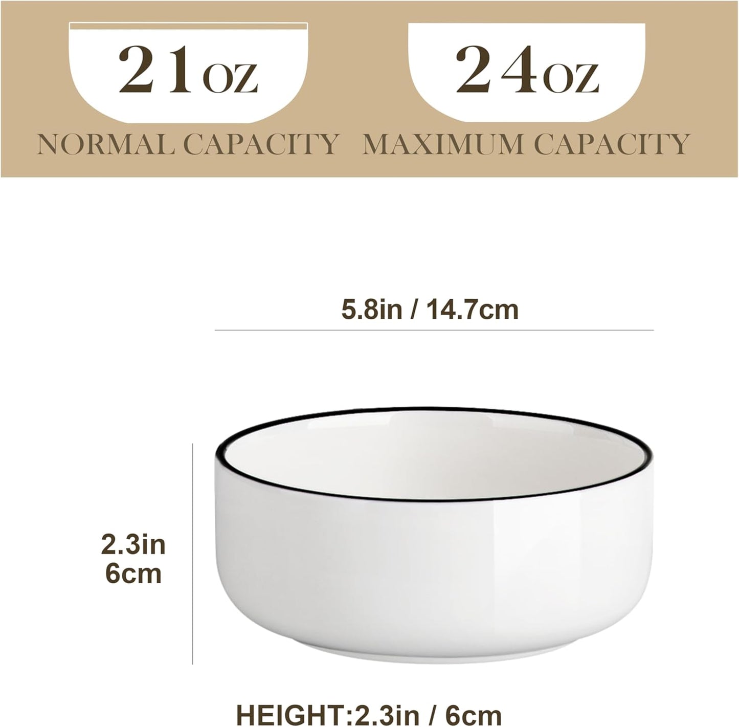 MALACASA 24 OZ Cereal Bowls, Porcelain Soup Oatmeal Bowls Set of 6, White Kitchen Ceramic Serving Bowl wtih Black Rim, Dishwasher Microwave Oven Safe, White, Series LUNA