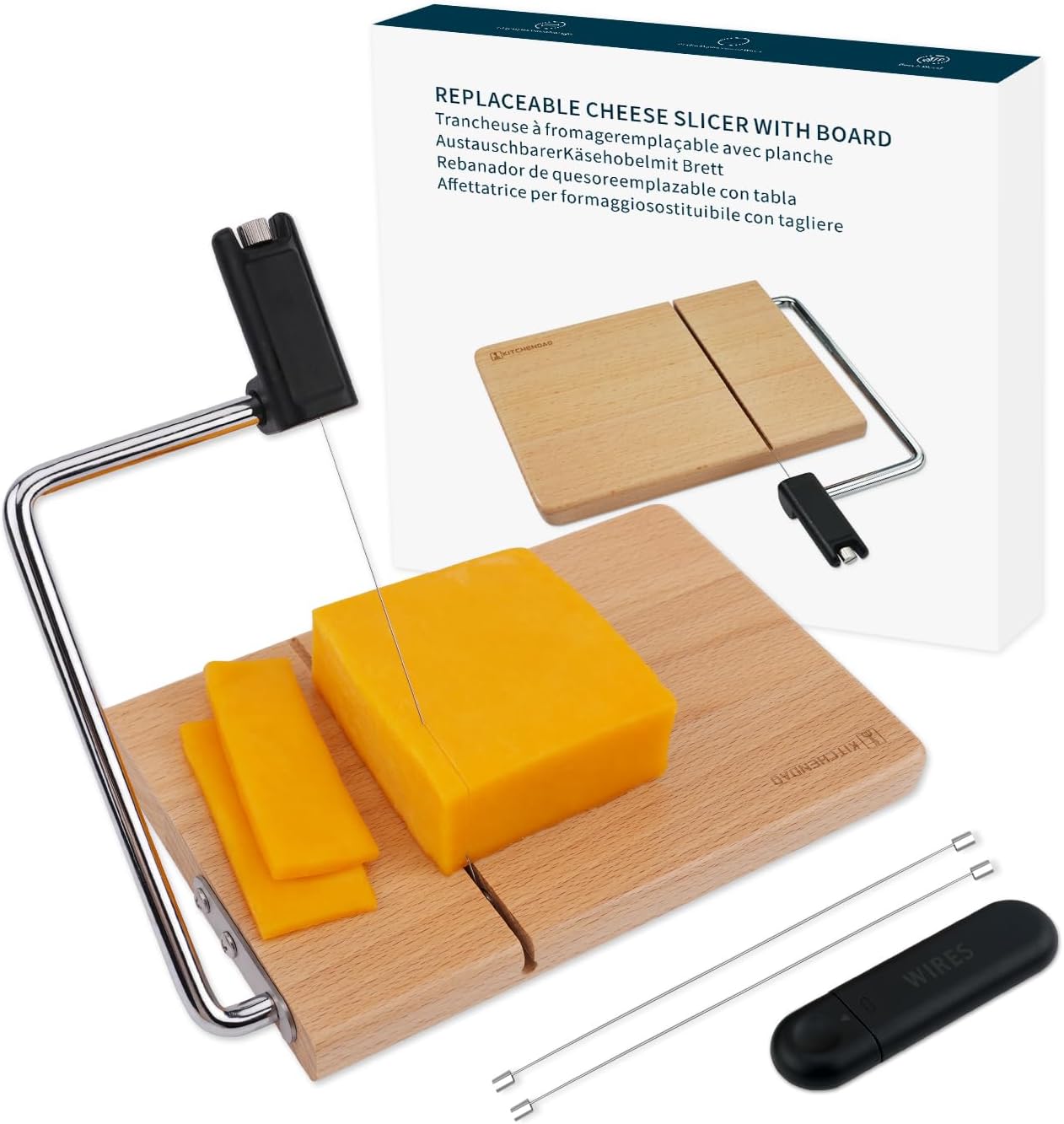 KITCHENDAO Replaceable Wire Cheese Slicer with Board, Tightness Adjustable Cheese Slicer, Beech Wood Cheese Cutter for Block Cheese, Easy to Replace, with 2 Extra Upgrade Strong Wires