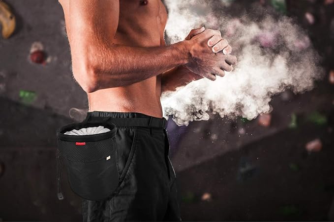 Rhino Valley Climbing Chalk Bag, No Leak Drawstring Chalk Bag with Adjustable Belt, Carabiner Clip and Zippered Pockets Chalk Bag for Climbing, Cross Fit, Weight Lifting & More