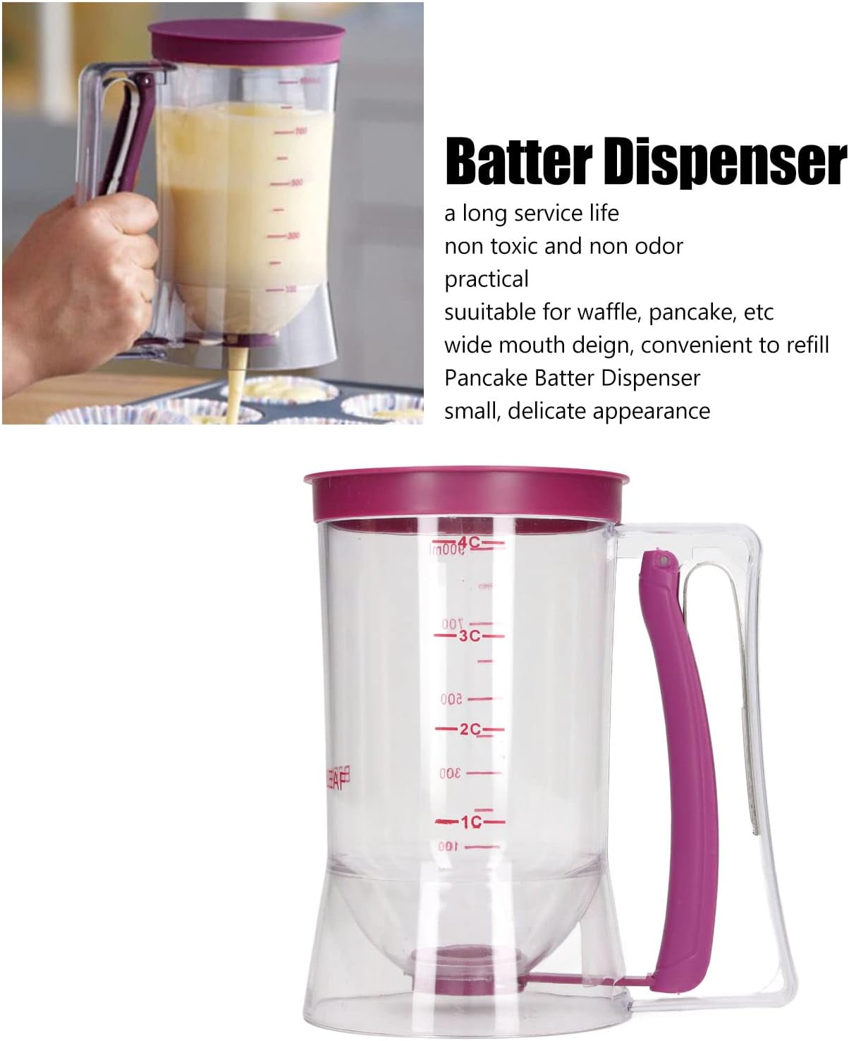 Pancake Batter Dispenser, 900ml Batter Separator with Measuring Label Cookie Separator Batter Cream Speratator for Pancakes, Cupcake, Waffle, Muffin Mix, Crepe & Cake