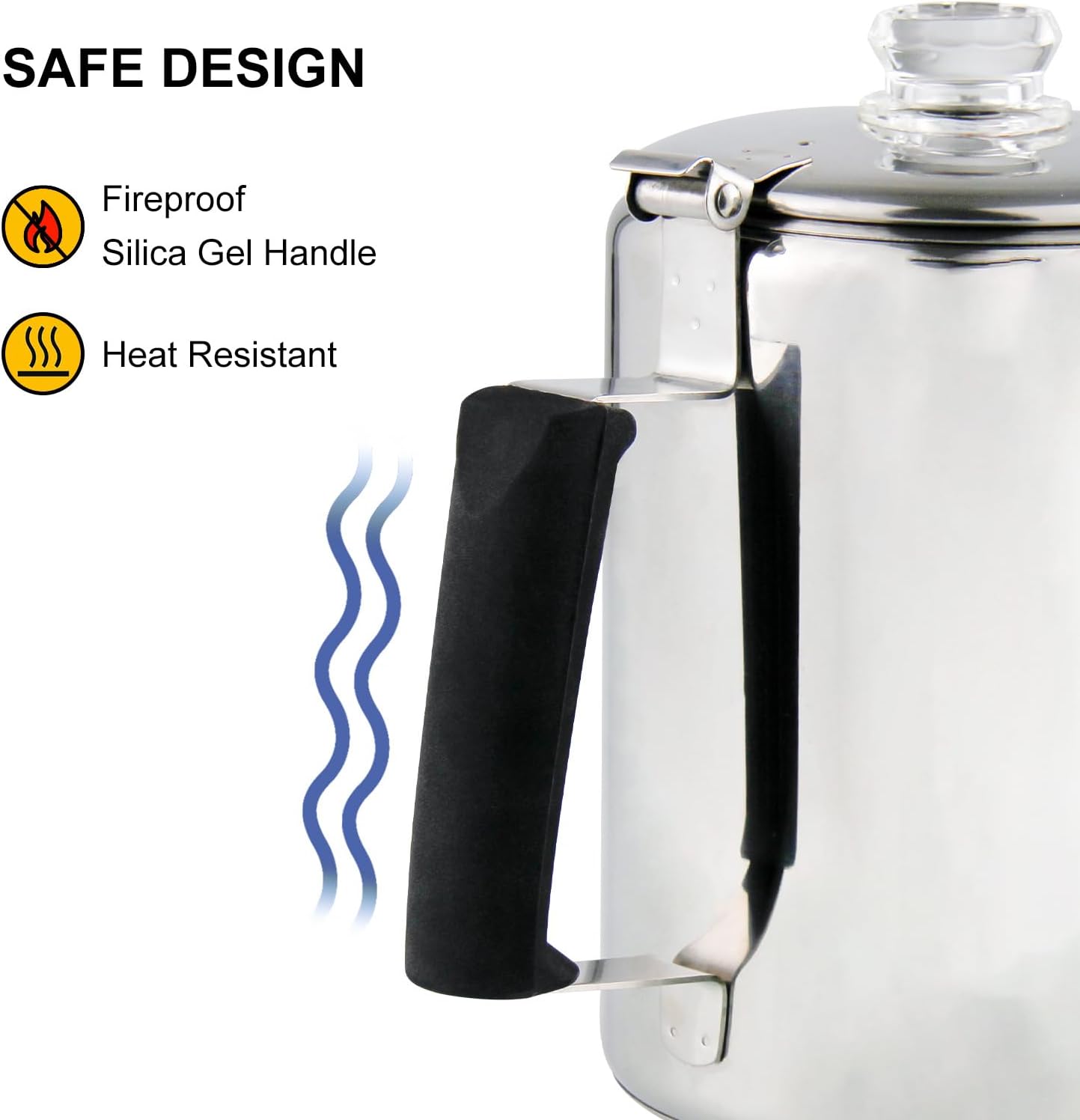 Multi Use 6 Cup Coffee Pot Bundle Coffee Percolator with 2 Mugs Stainless Steel Coffee Maker with Two Heat Resistant Tough Borosilicate Glass Knob Fireproof Silica Handle Using on any Stovetop