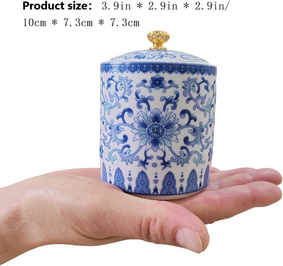 Small Vintage Blue and White Porcelain Salt Cellar with Lid Ceramic Salt Holder Container for Countertop, Airtight Spice Jar, Kitchen Storage Dish