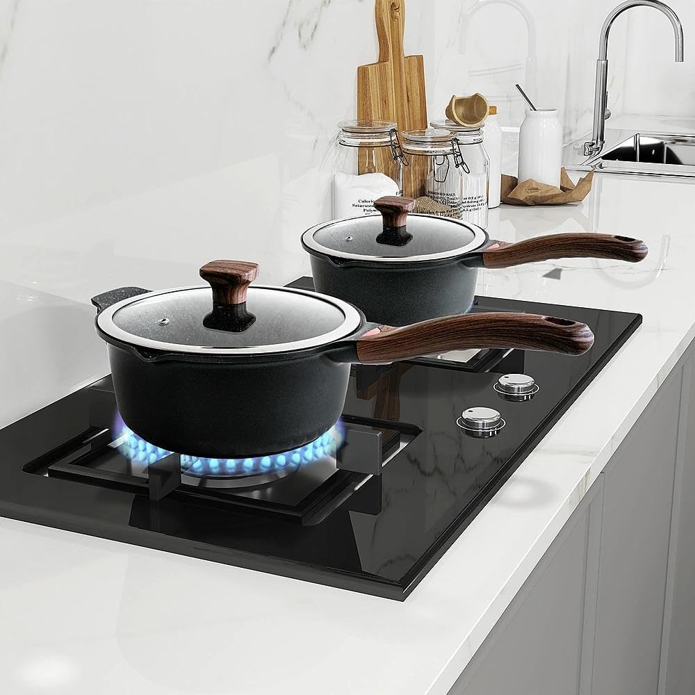 Vinchef New Nonstick Sauce Pot Set with Lids, 3QT Saucepan & 4QT Saucepot,Dishwasher Safe,Induction Compatible, Scratch/Stain Resistant, Stay-Cool Handles, PFAS-Free, Black