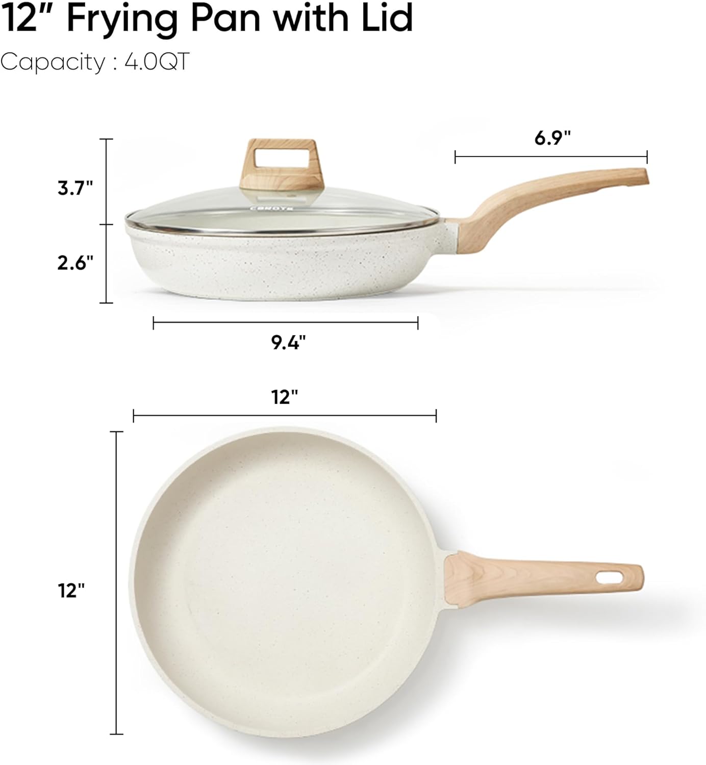 CAROTE 12 Inch Non Stick Frying Pan with Lid,White Granite Nonstick Skillet Omelet Pans, Egg Pan Granite Cookware, PFOS & PFOA Free