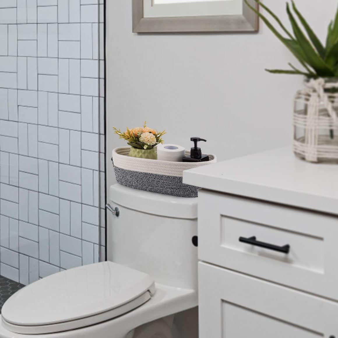 Small Cotton Rope Woven Basket Toilet Paper Baskets for Organizing Decorative Basket for Boho Decor Small Storage Basket 13"x5.9"x4" Variegated Gray&White