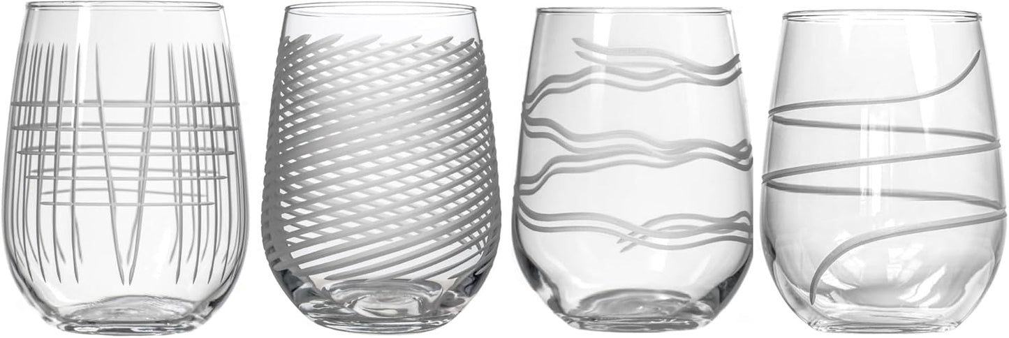 Rolf Glass Symmetry Stemless Wine Glass| 17oz Stemless Tumblers | Proudly Made in the USA | Lead-Free and Diamond-Wheel Engraved | Set of 4