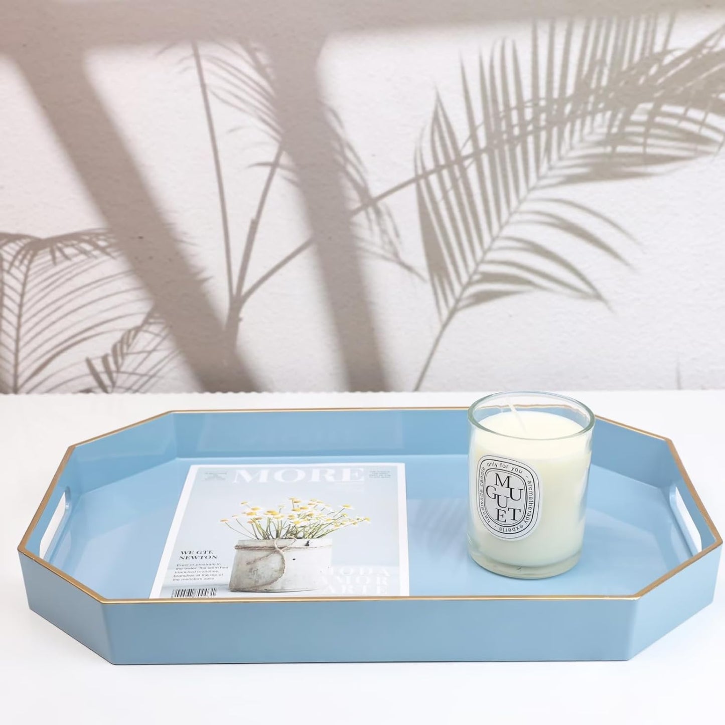 Spsyrine Blue Plastic Serving Tray for Ottoman, Coffee Table, Octagon Decorative Tray for Entertaining, Outdoor, Living Room, Home Decor