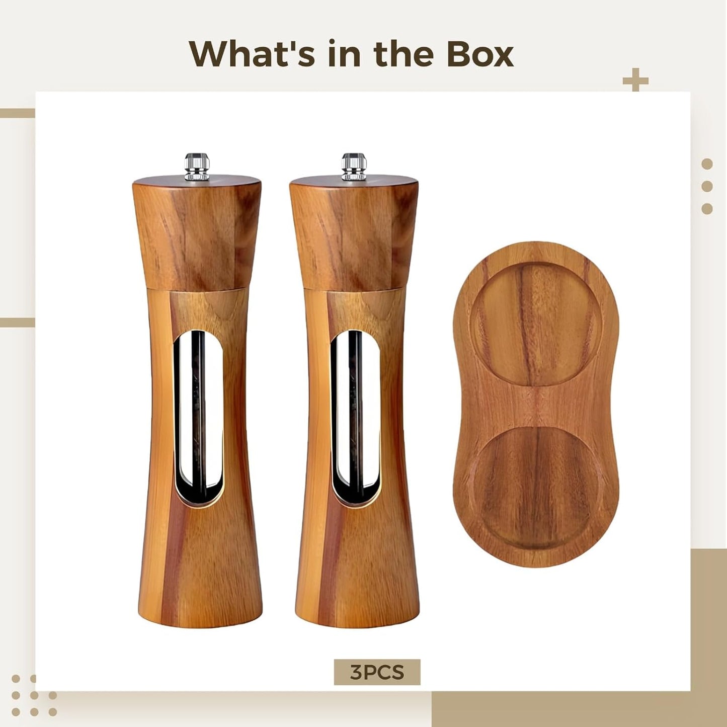 Wooden Pepper and Salt Grinder Set, 2 Pcs Adjustable Ceramic Mills with Wooden Base Includes Transparent Windows, Perfect for Spices and Seasoning