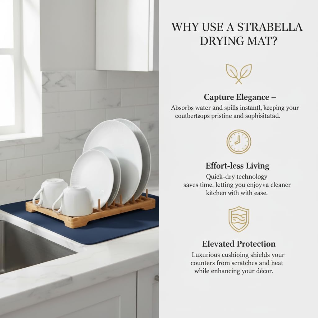 Dish Drying Mat Super Absorbent – 12" x 18" Coffee Mat for Countertops – Non-Slip Drying Mat for Kitchen Counter – Easy to Clean Water Absorbent Mat – Quick Dry Dish Drying Mats (Navy Blue)