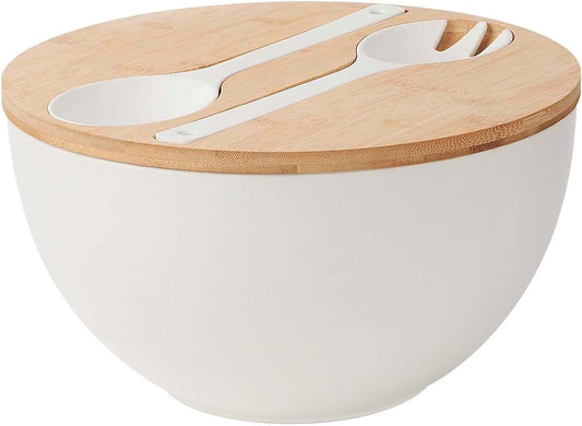 11.3" Extra Large Salad Serving Bowl Set with Wooden Lid&Utensils, 6.5Qt., Bamboo Fiber Salad Bowl with Servers for Kitchen, Lightweight Big Bowl for Mixing Salad,Fruit,Pasta - Matte White