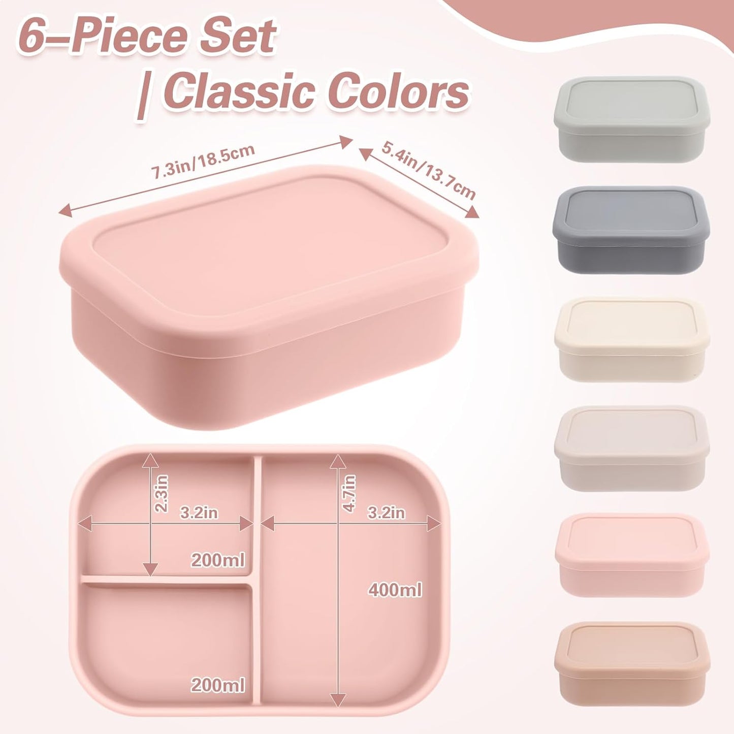 Honeydak 6 Pcs Silicone Bento Box 3 Compartment Reusable Lunch Container Smooth and Leakproof Meal Prep Lunch Box with Lid Stackable Meal Prep Container for Work Travel, 6 Colors(Light Colors)