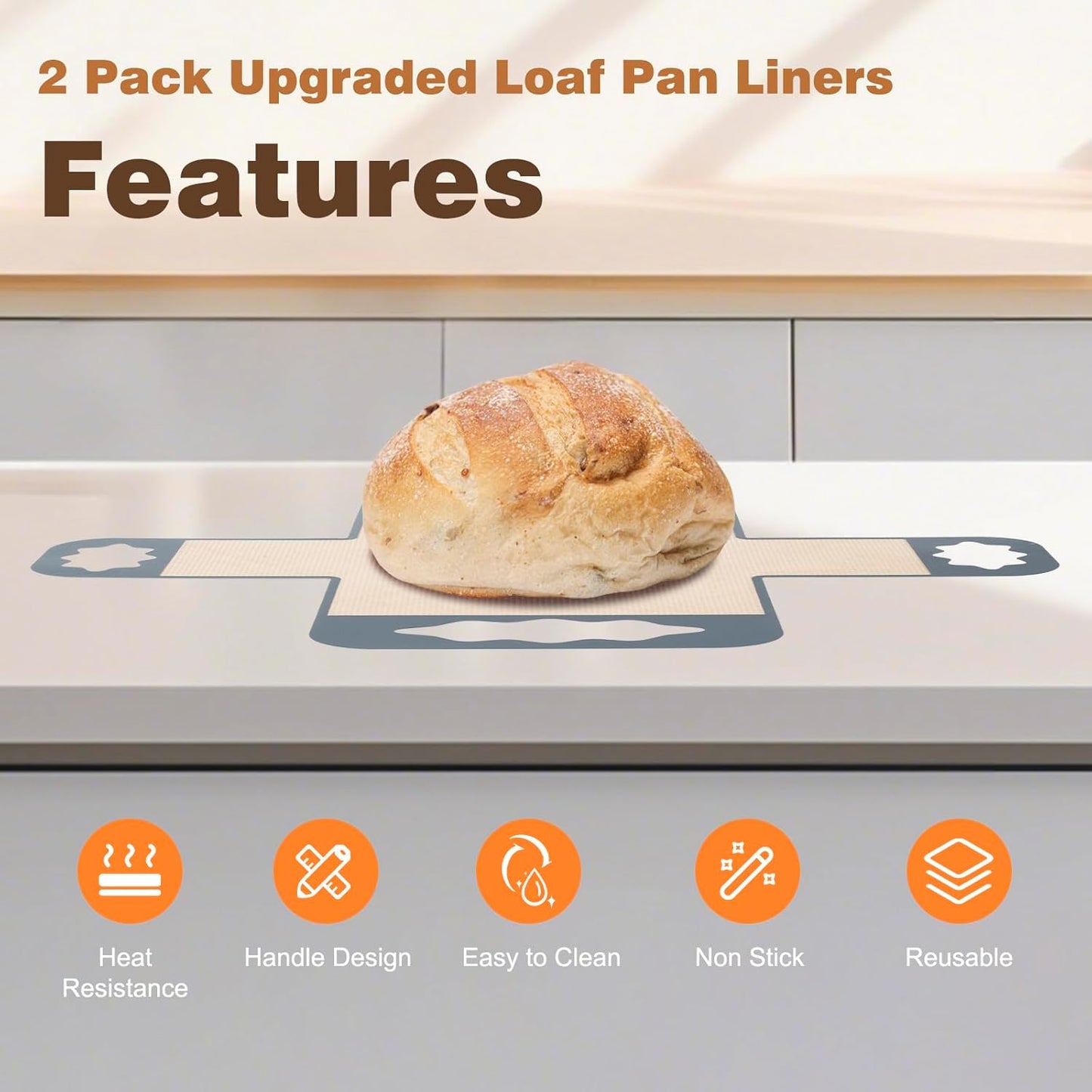 2 Pcs Silicone Bread Loaf Pan Liners, Reusable Food-Grade Silicone Bread Baking Mat, Non-Stick & Heat Resistant Loaf Pan Lifters, Sourdough Sling with 4 Handles, Fits 9x5" or 1.5Lb Loaf Pans