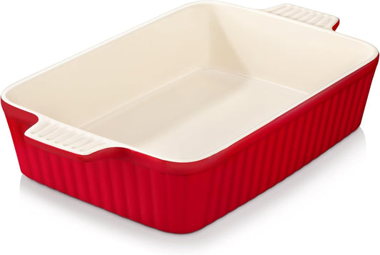 MALACASA 4.4 QT Baking Dish, 9x13 Large Casserole Dish for Oven, Ceramic Baking Pan, Rectangular Lasagna Pan Deep with Handles for Baking, Durable Microwave Oven Safe, Red, Series BAKE-BAKE