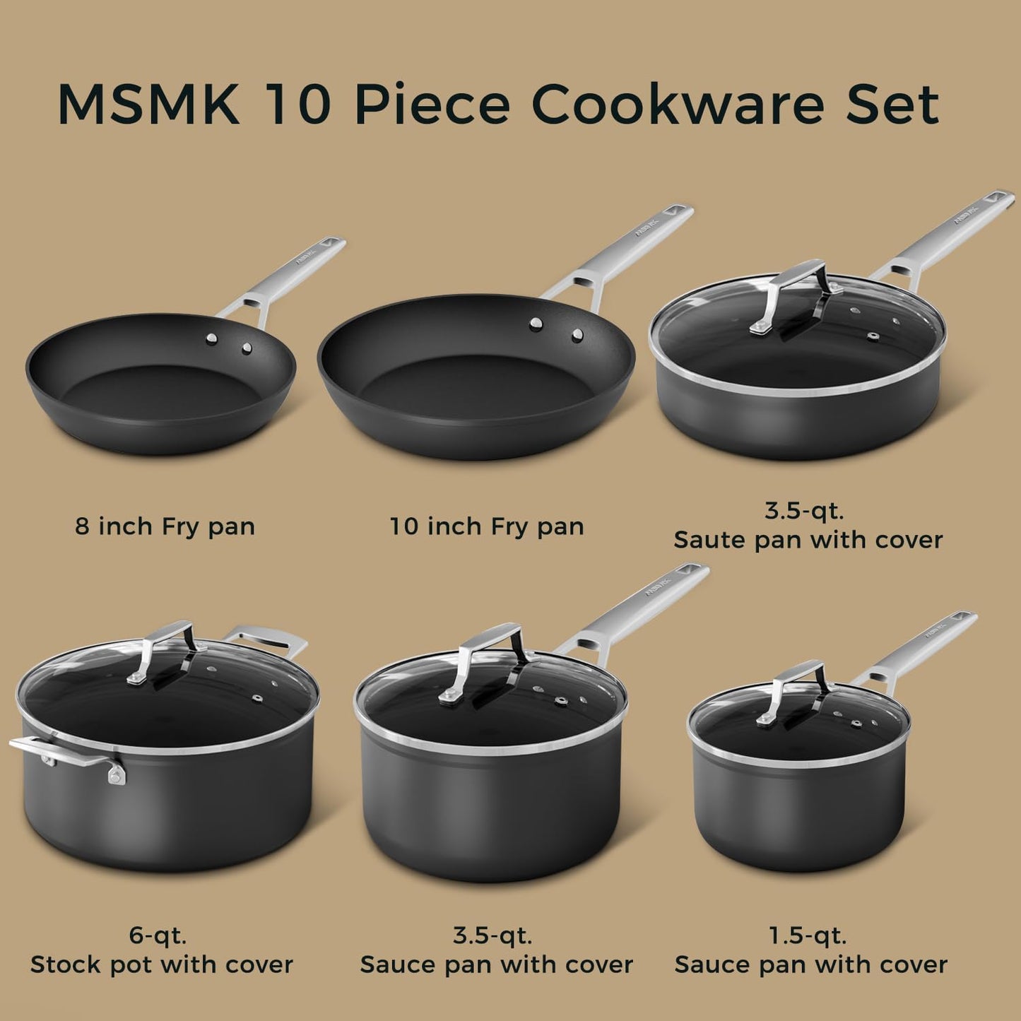 MsMk 10-Piece Pots and Pans Set non stick, Cookware Sets for building a starter kitchen or refreshing, Even Heating, Easy Clean-Up, Comfortable Handling, Induction Compatibility