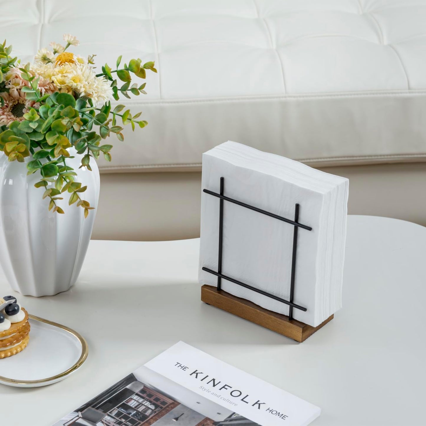 MyGift Napkin Holder for Table, Matte Black Metal Napkin Dispenser for Kitchen Dining with Rustic Burnt Brown Wood Base, Decorative Holders for Paper Mail Bills Home Decor