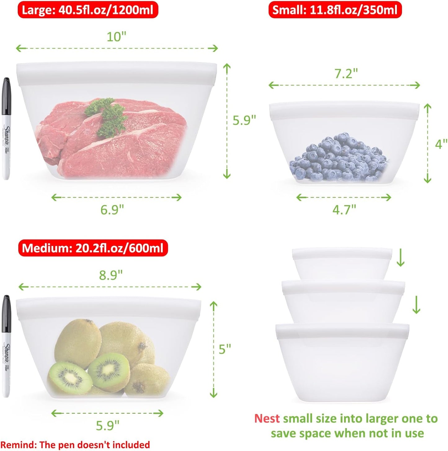 Silicone Bags for Food Storage, Reusable Zip Lock Silicone Food Storage Containers Stand Up Snack Bags, Freezer Microwave Oven Dishwasher Safe, Plastice BPA-Free 3 Pack(40oz 20oz 12oz)