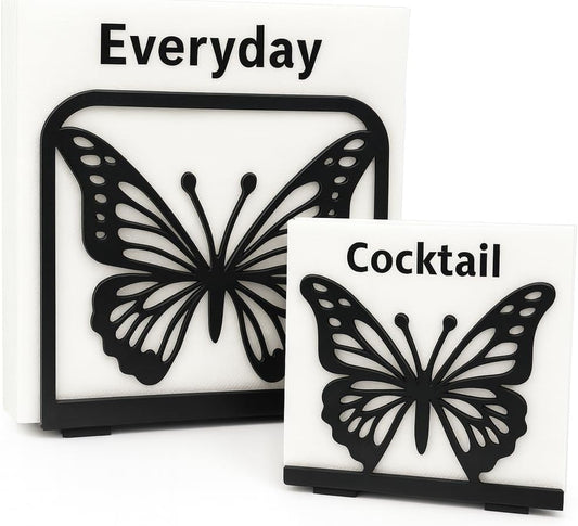 Butterfly Napkin Holder Set – 2 Pack Metal Stand for Everyday & Cocktail Napkins | Modern Black Decorative Coffee Filter Holder for Kitchen, Coffee Bar, Party, Dining Table & Gift