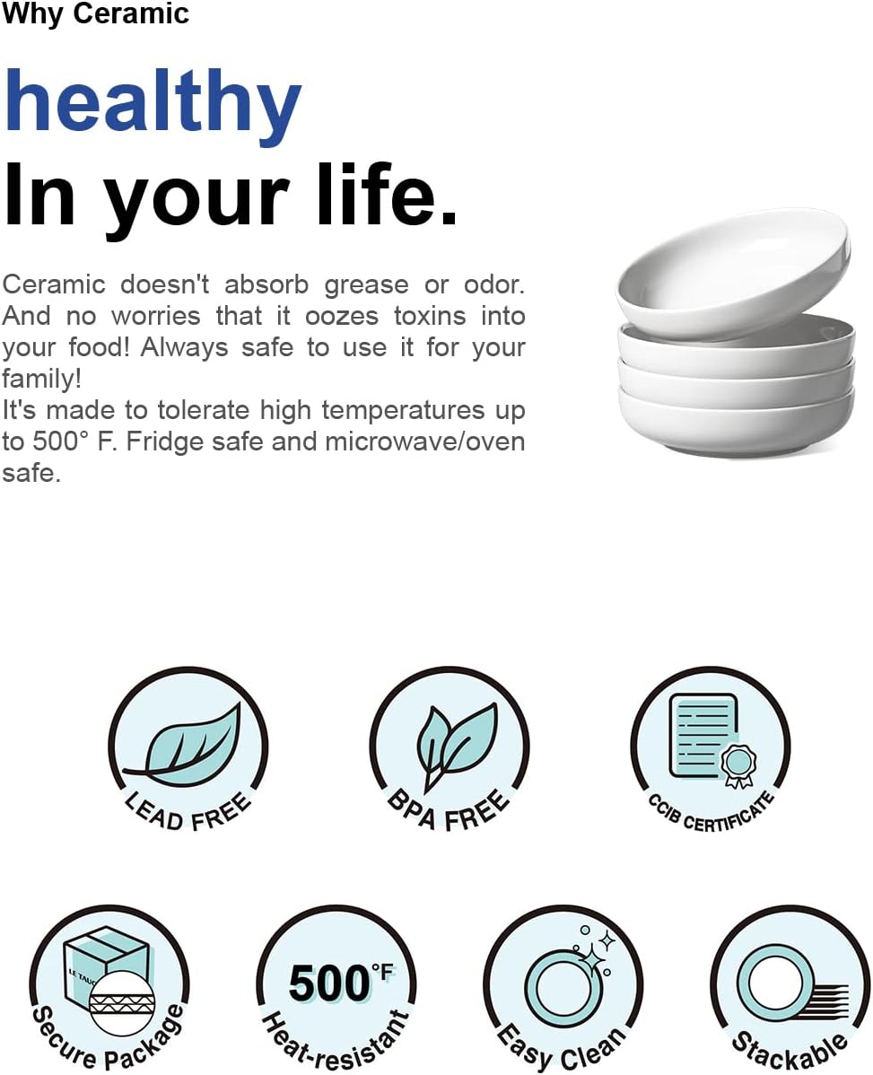 LE TAUCI Pasta Bowls 32 oz, Salad Bowls Set for Serving Soup, Pasta, Noodle, Dinner, Large Kitchen Bowl Plates, Microwave Safe - 7.8 Inch, Set of 4, White