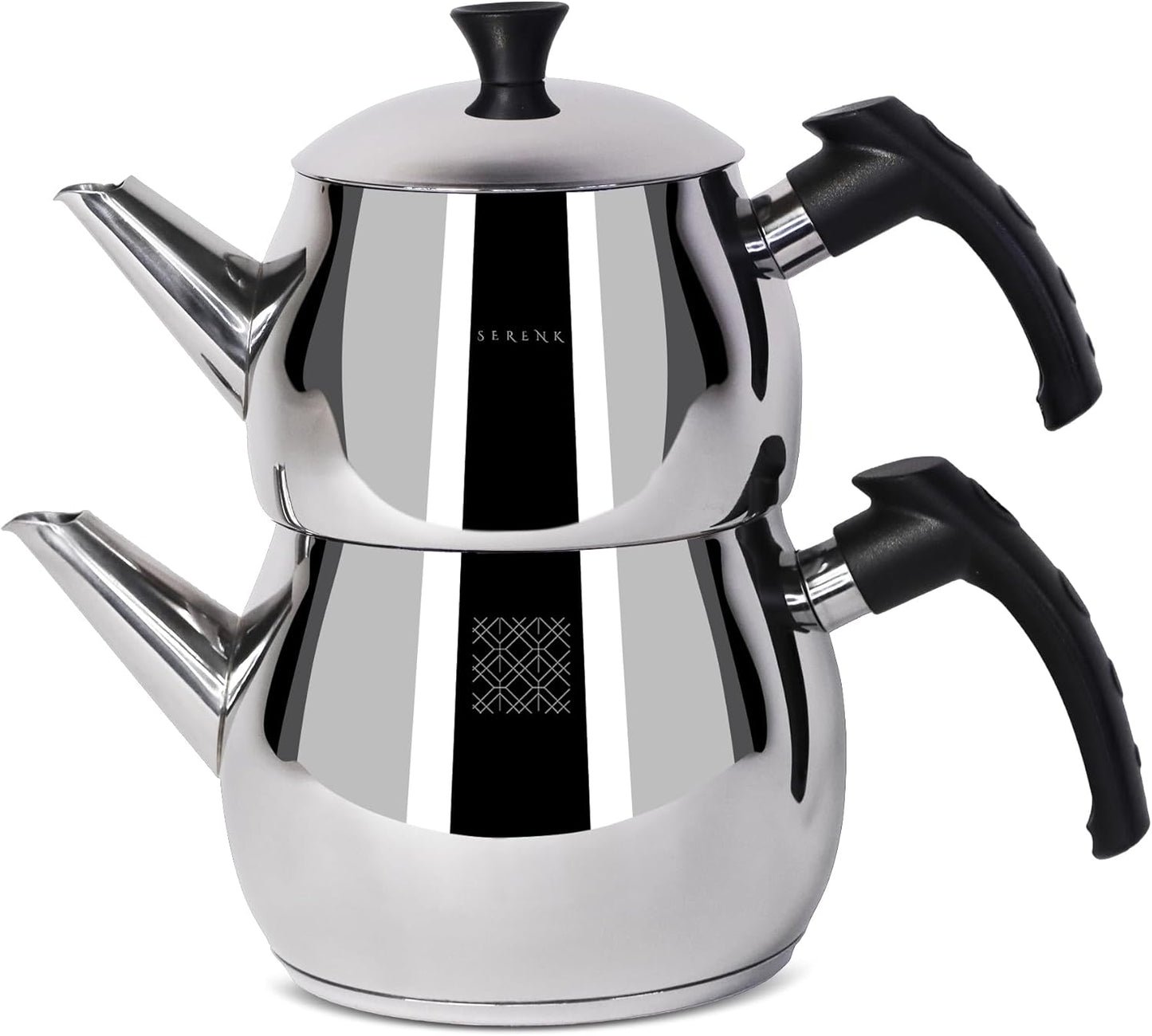 Serenk Stainless Steel 3 qt(101 fl oz) Turkish Tea Pot Sets With Lids And NonSlip Bakelite Handles For All Stove Type Turkish Tea Maker Two Pots With Termo Capsuled Induction Base (Black Small)
