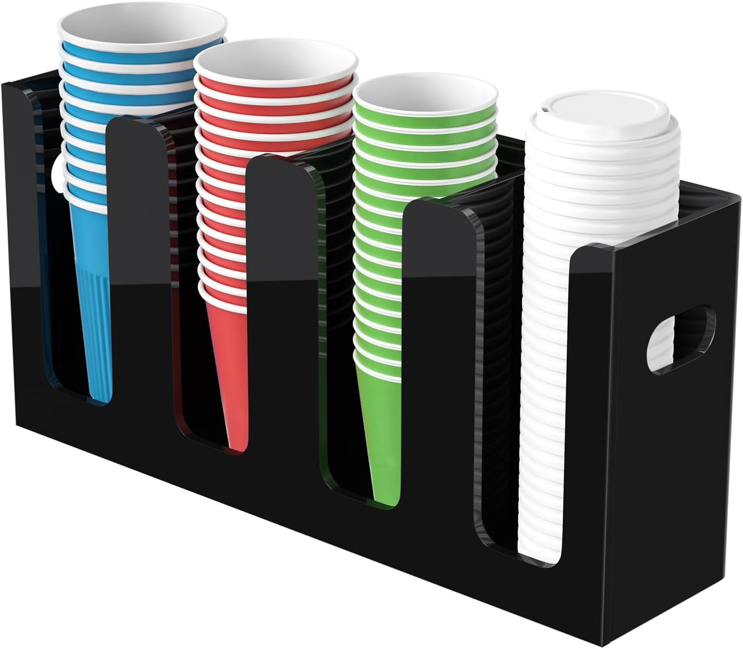 WINFFOR Disposable Cup Organizer Dispenser - 4 Compartments Black Acrylic Cup and Lid Holder with Handles Plastic Cup Dispenser Countertop Paper Cup Holder for Coffee Bar House Party Essentials