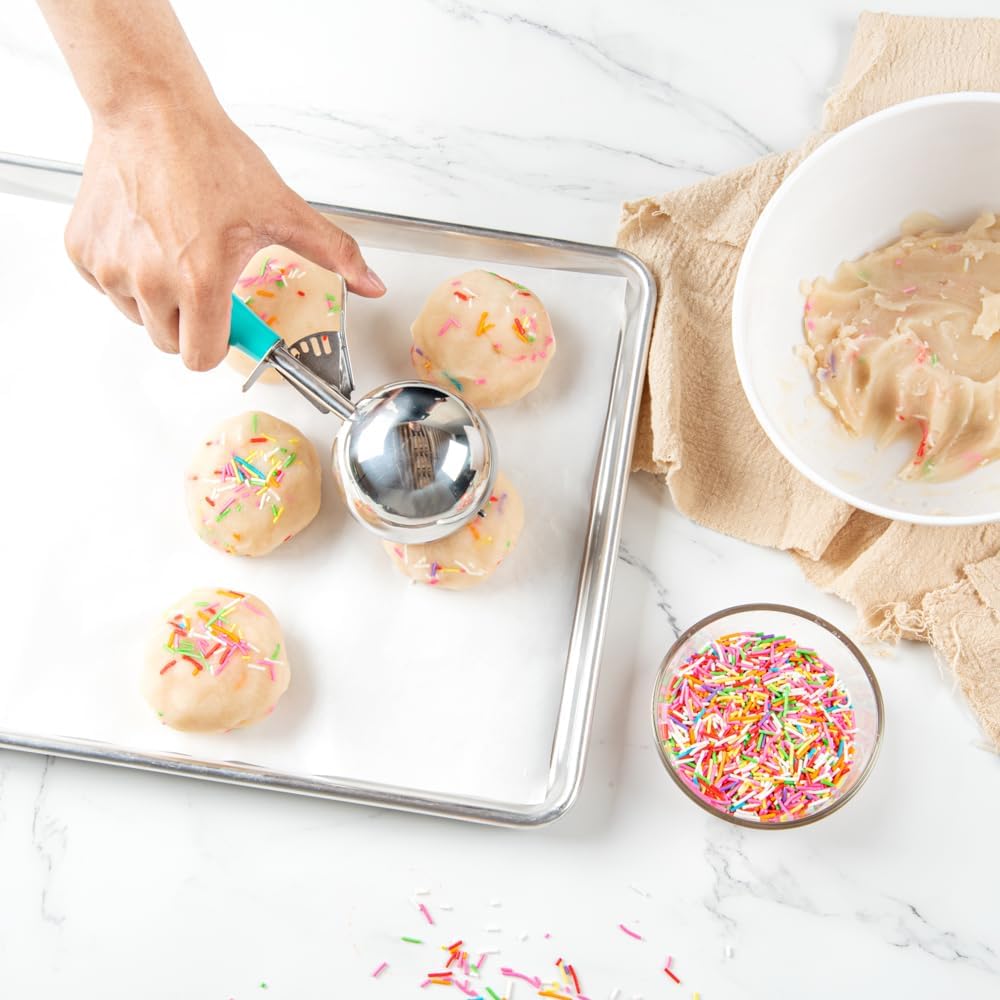 Restaurantware Met Lux 6 Ounce Portion Scoop 1 Durable Disher Scoop - Thumb Trigger Teal Stainless Steel Ice Cream Disher For Portion Control For Ice Cream Mashed Potato And Cookie Dough