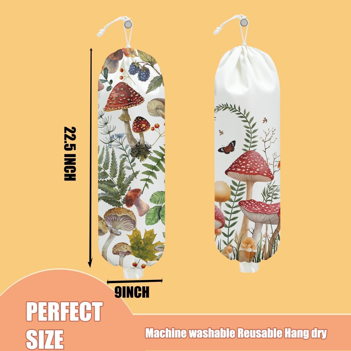 2 Pcs Mushroom Plastic Bag Holder for Kitchen Essentials, Floral Butterfly Grocery Bag Holder Plastic Storage bag, Washable Shopping Bags Storage Dispenser for Home Kitchen, Mushroom Gifts for Women