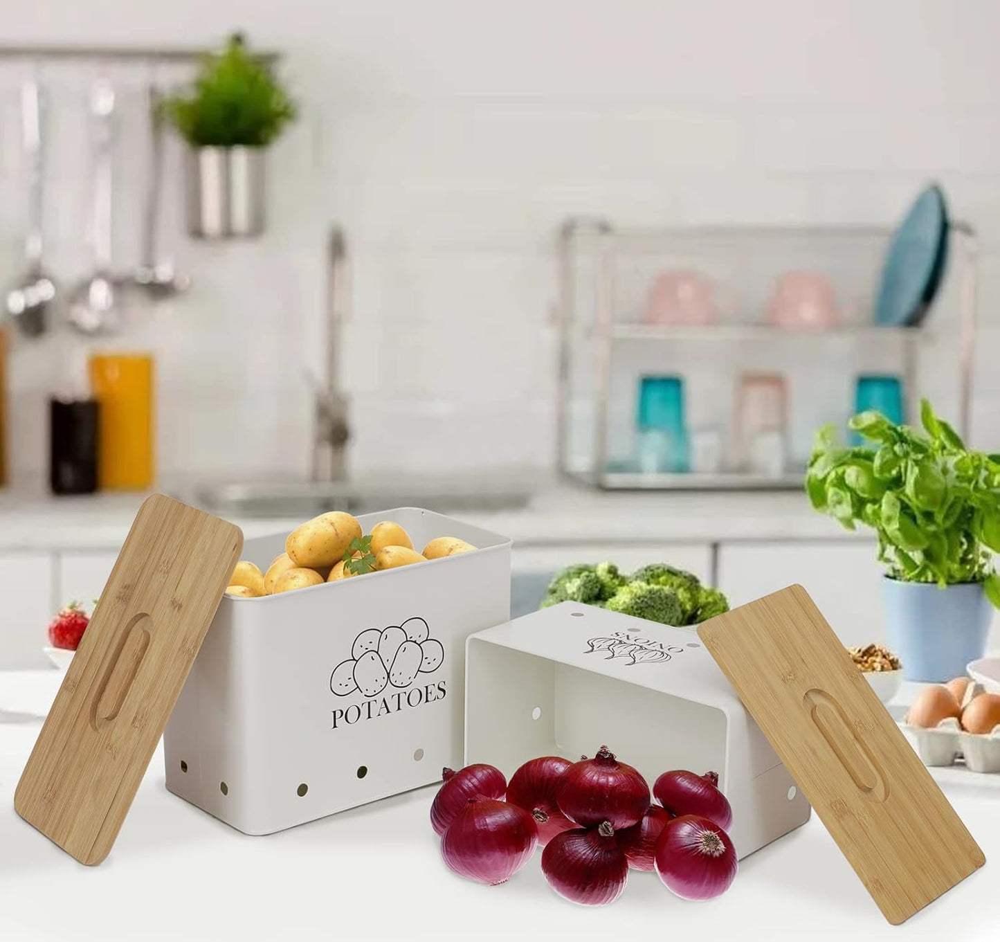 Potato Onion Storage Box, Food Container Sets, Storage Canisters for Vegeatables, Set of 2 Jars Pots Containers, Potato & Onion Bin with Aerating Tin Storage Holes & Bamboo Lid-White