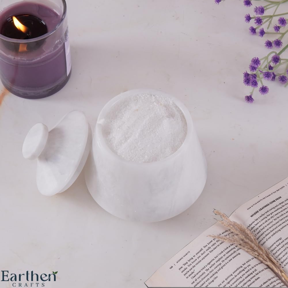 Marble Salt Cellar With Lid White 4 Inch Salt Jar with Spoon, Salt and Spices Storage Box For Kitchen Counter, Modern Salt Keeper