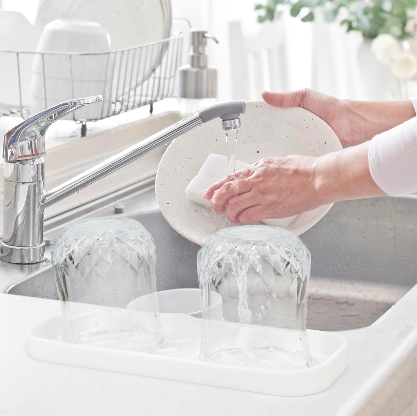 Silicone Bathroom Soap Dishes, Sponge Holder for Kitchen Sink, Shower Soap Holder with Drain, Soap Dispenser Tray, Soap Dish for Bottle, Cup, Sink or Counter Organizer - White 9" x 3.15"