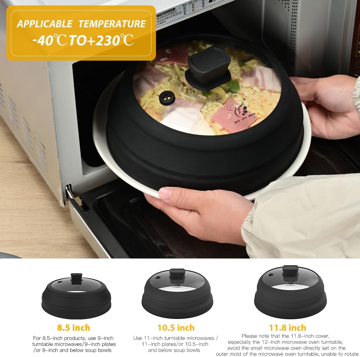 Microwave Splatter Cover Glass Splatter Guard Lid with Collapsible Silicone for Food Plate Covers 8.5 inch Black
