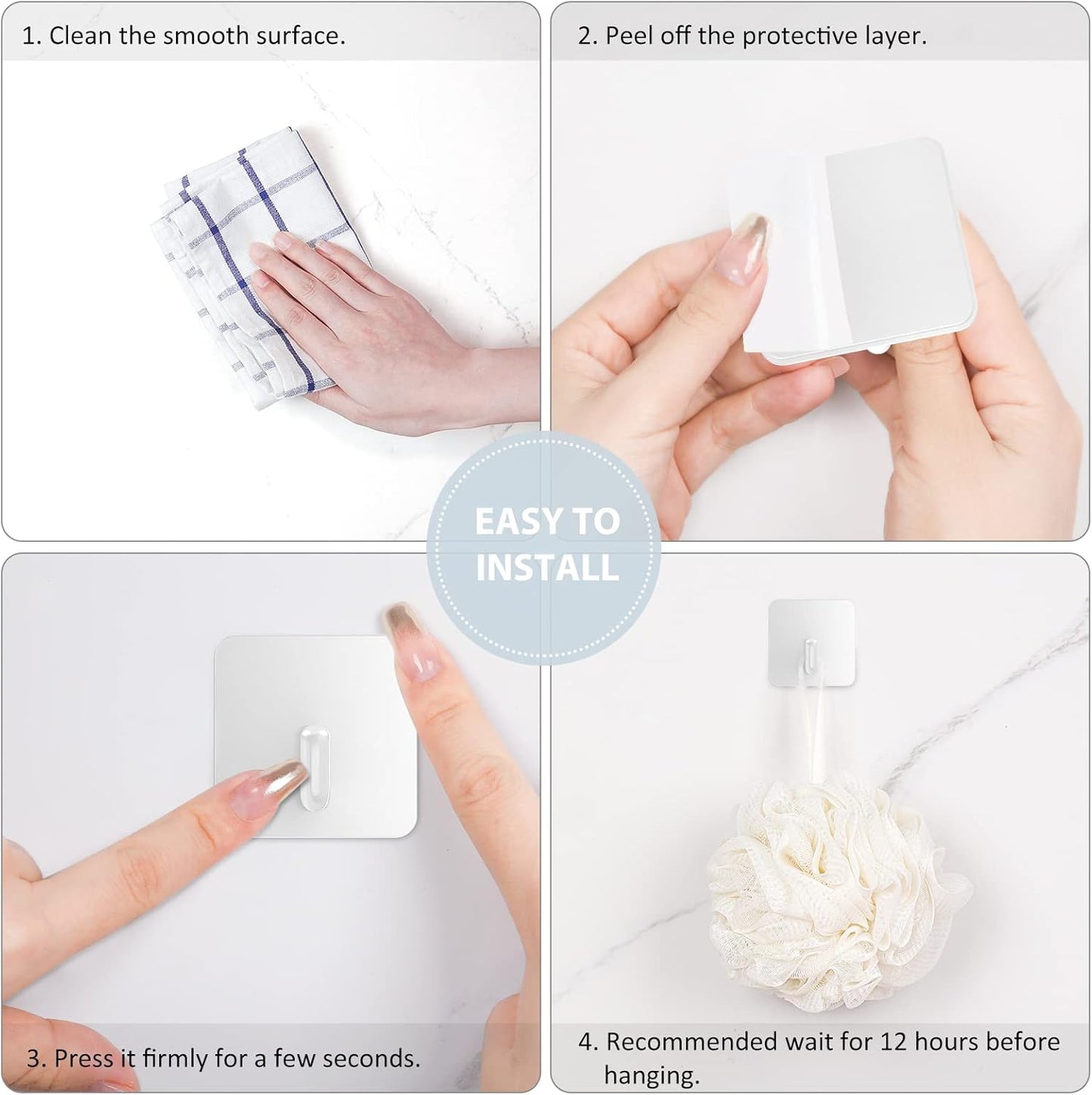 VIS'V Adhesive Hooks, Heavy Duty Shower Wall Stick on Hooks, Waterproof, 2 Extra Adhesive Strips, White, 4 Pcs