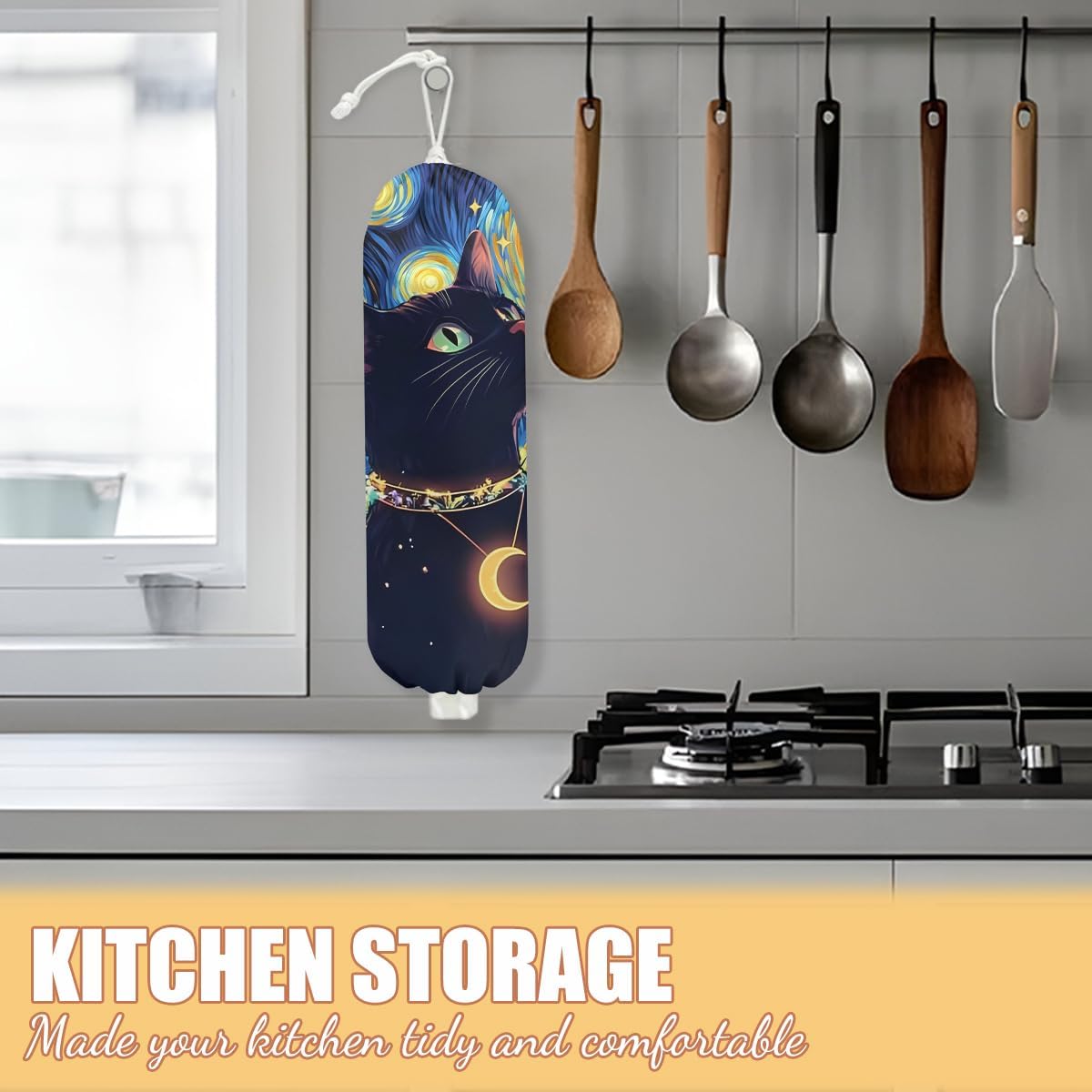 Sky Cat Plastic Bag Holder, Wall Mount Grocery Bag Holder, Plastic Storage bag, Pull Rope Free Adjustment, Plastic Bag Holders for Grocery Bags, Plastic Bag Dispenser for Home Kitchen