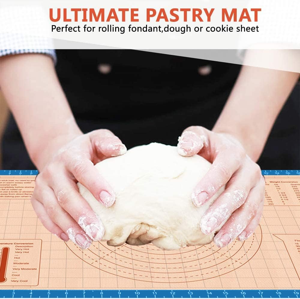 Silicone Pastry Baking Mat Non Stick-Large Rolling Dough with Measurements-Non Slip Pizza,Fondant,Pie,Cake Baking Mat - 26 x 16 Inch By Cook Time(Blue)
