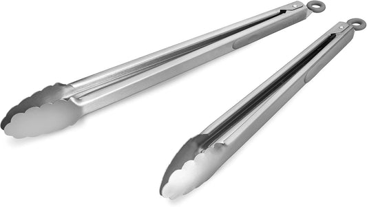 304 Stainless Steel Kitchen Cooking Tongs, 14" and 16" Set of 2 Sturdy Grilling Barbeque Brushed Locking Food Tongs with Ergonomic Grip, Grey