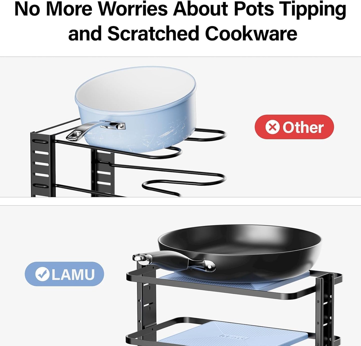 LAMU Pots and Pans Organizer for under Cabinet, 6-Tier Heavy Duty Pan Pot Organizers inside Cabinet Adjustable 14 to 23.39", Pot Rack Kitchen Cabinet Organization and Storage Holds up to 12" Cookware