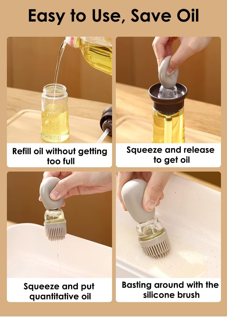 Oil Dispenser with Brush - 2 Pack Olive Oil Dispenser, 2 IN 1 Oil Dispensing Bottle with Basting Brush for Cooking Frying Baking Kitchen, T-OB21 Grey+Green