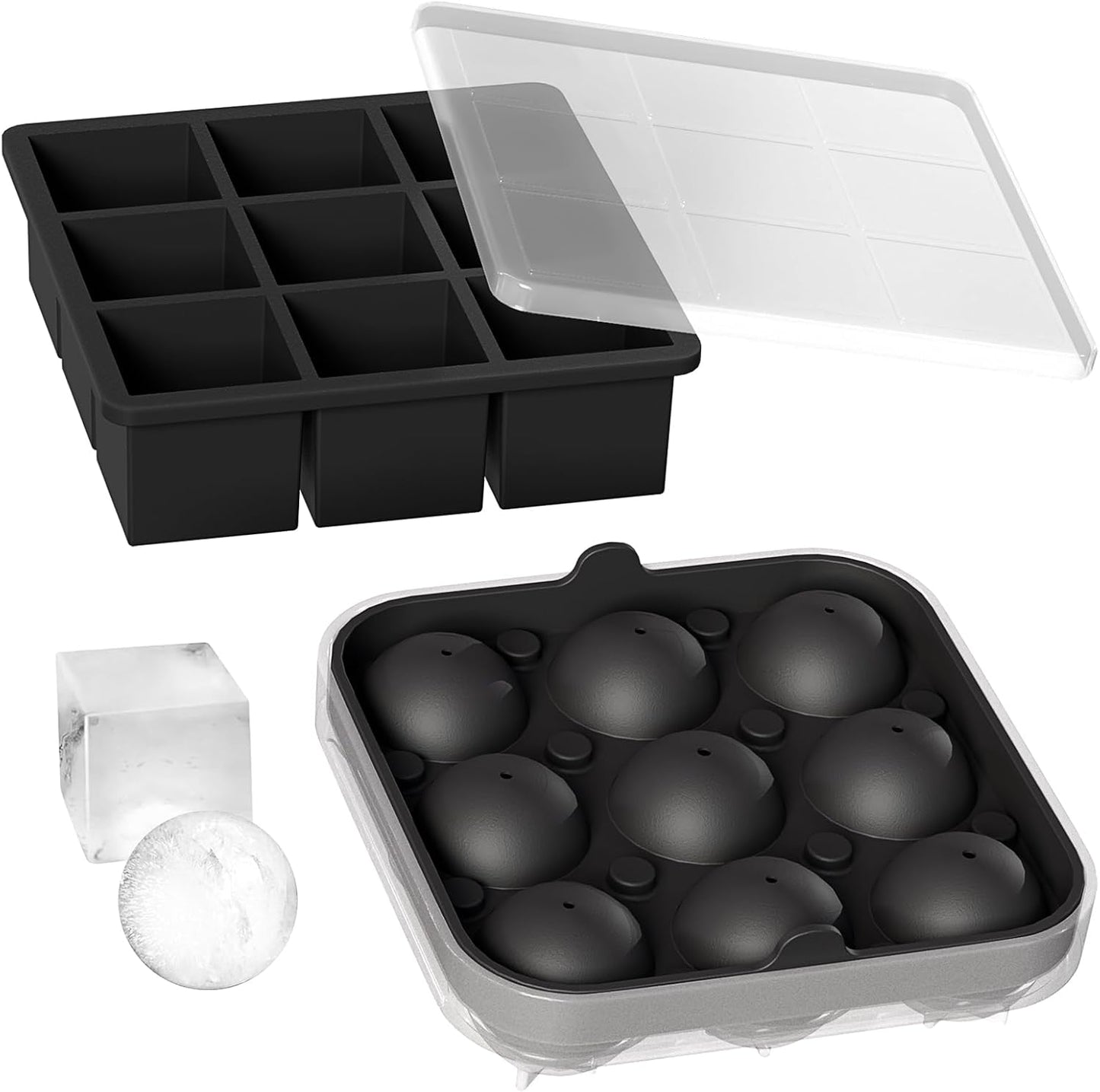 Wanderworld Ice Tray Combo, Silicone Reusable 2 inch Big Ice Freezer Mold, 9 Cubes& 9 Sphere Ice Maker tray with lid for Whiskey, 2 pack.