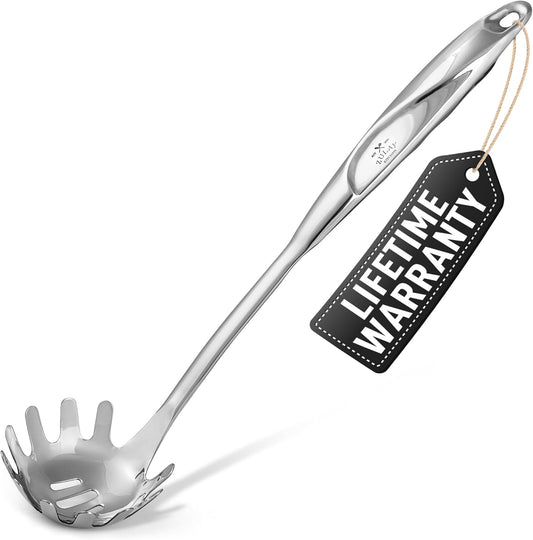 Zulay Kitchen Premium Stainless Steel Spaghetti Spoon - Pasta Spoon with Teeth - Metal Pasta Spoon - Pasta Fork Noodle Spoon - Easy to Use & Clean Pasta Utensil - 12’ Pasta Server